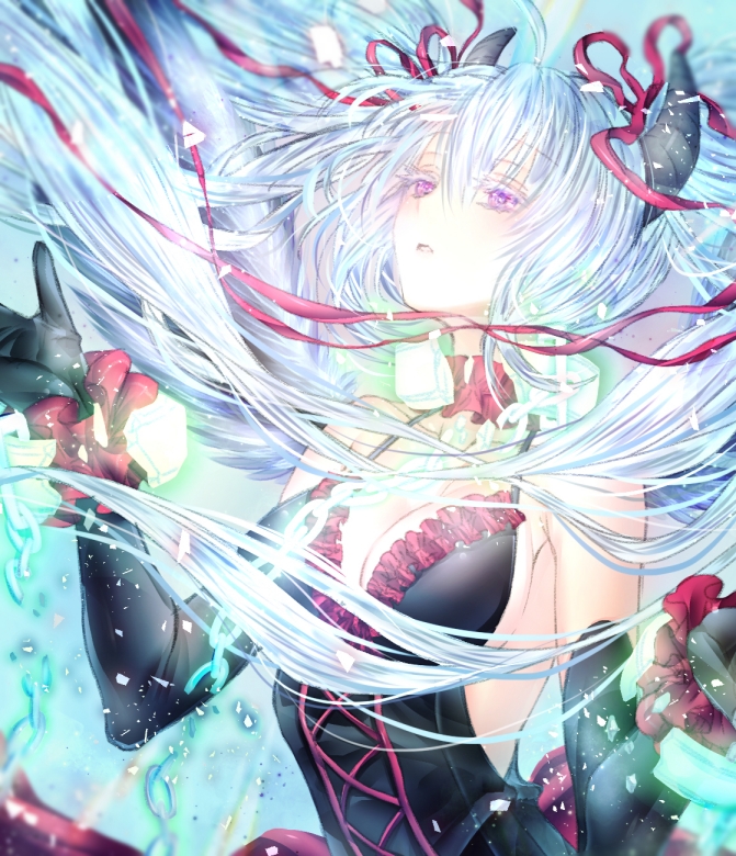 1girl bare_shoulders black_gloves blush breasts character_request cleavage elbow_gloves gloves hair_ribbon hiyuki_(ikuyih) horns light_blue_hair long_hair medium_hair pale_skin parted_lips ribbon sennen_sensou_aigis upper_body very_long_hair violet_eyes white_hair