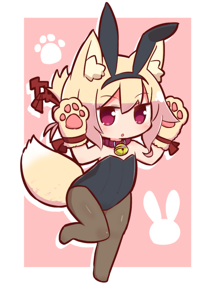1girl :o animal_ear_fluff animal_ears bangs bare_shoulders bell bell_collar black_hairband black_leotard blonde_hair blush brown_collar brown_legwear chibi collar commentary_request eyebrows_visible_through_hair fake_animal_ears fox_ears fox_girl fox_tail full_body gloves hair_between_eyes hair_ornament hairband hands_up highres jingle_bell kemomimi-chan_(naga_u) leotard naga_u no_shoes original pantyhose parted_lips paw_gloves paws pink_background rabbit_ears red_eyes sidelocks solo standing standing_on_one_leg strapless strapless_leotard tail two-tone_background white_background
