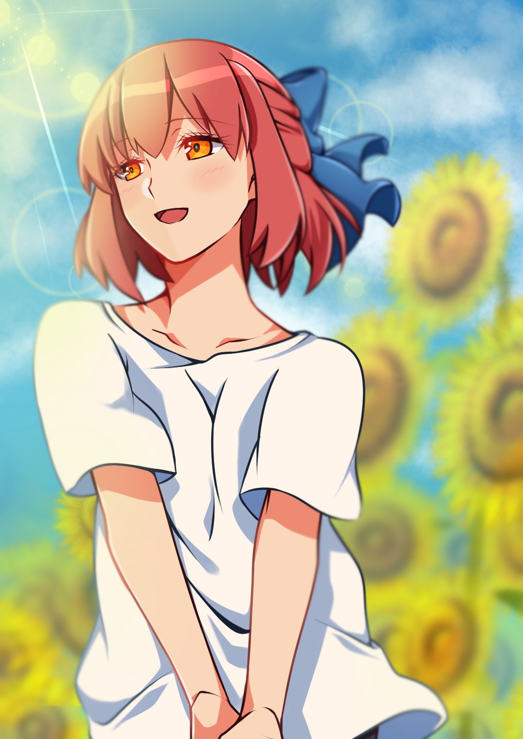 1girl :d blue_bow bow collarbone exa_(koyuru) eyebrows_visible_through_hair flower hair_between_eyes hair_bow highres kohaku lens_flare open_mouth orange_eyes redhead shirt short_hair short_sleeves smile solo standing sunflower sunlight tsukihime upper_body white_shirt yellow_flower