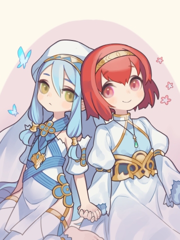 2girls aqua_(fire_emblem_if) aqua_hair bug butterfly cbc_p closed_mouth dress fire_emblem fire_emblem:_mystery_of_the_emblem fire_emblem_heroes fire_emblem_if hand_holding insect jewelry long_hair long_sleeves lowres maria_(fire_emblem) multiple_girls necklace nintendo red_eyes redhead short_hair sitting smile yellow_eyes younger