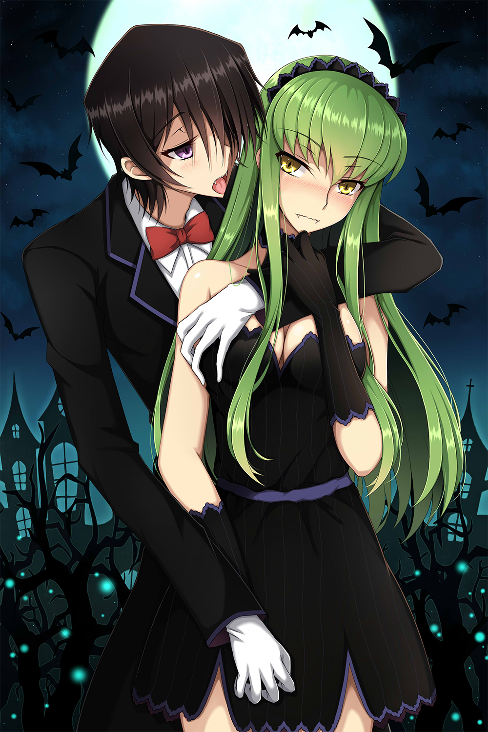1boy 1girl arm_around_neck bat black_dress black_gloves black_hair black_hairband black_jacket blush bow bowtie breast_grab breasts c.c. cleavage code_geass cowboy_shot dress dress_shirt elbow_gloves fangs_out formal full_moon gloves grabbing green_hair hair_over_one_eye hairband halloween halloween_costume hand_holding head_tilt highres jacket lelouch_lamperouge long_hair lucky_keai medium_breasts moon night open_mouth outdoors purple_hair red_bow shiny shiny_hair shirt short_dress sleeveless sleeveless_dress slit_pupils standing strapless strapless_dress striped tongue tongue_out vampire vertical-striped_dress vertical_stripes very_long_hair white_gloves white_shirt yellow_eyes