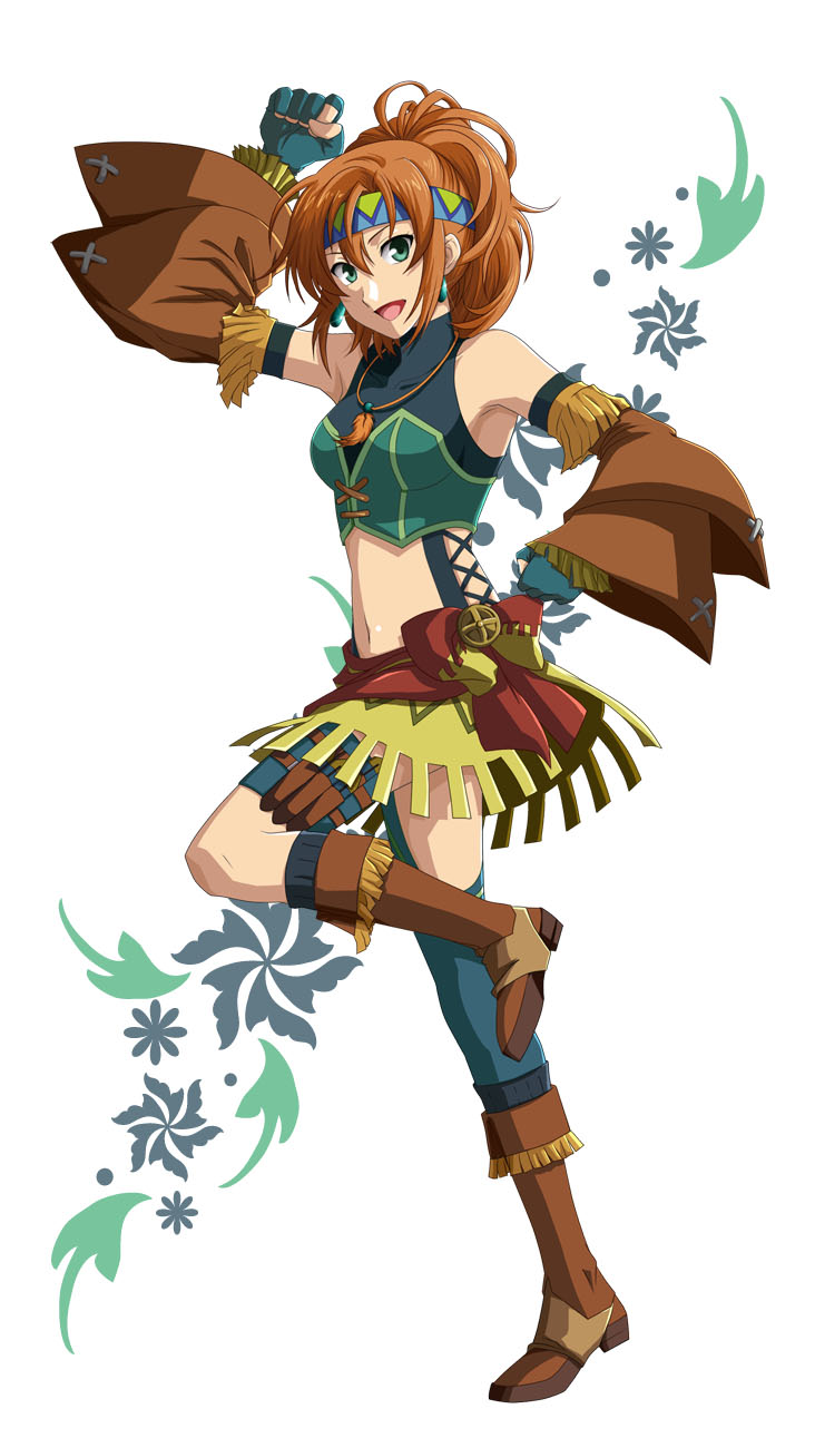 1girl :d aqua_gloves arm_up asymmetrical_legwear bandanna blue_legwear boots brown_footwear brown_hair brown_sleeves clenched_hands crop_top cross-laced_clothes detached_sleeves earrings fingerless_gloves fringe_trim full_body gloves green_eyes hair_between_eyes headband high_ponytail highres holster jewelry karna_(ys) knee_boots kneehighs kotori_hina leg_up long_hair long_sleeves looking_at_viewer midriff miniskirt navel necklace open_mouth ponytail simple_background single_thighhigh skirt smile solo standing standing_on_one_leg stomach thigh-highs thigh_holster white_background wide_sleeves ys ys_memories_of_celceta