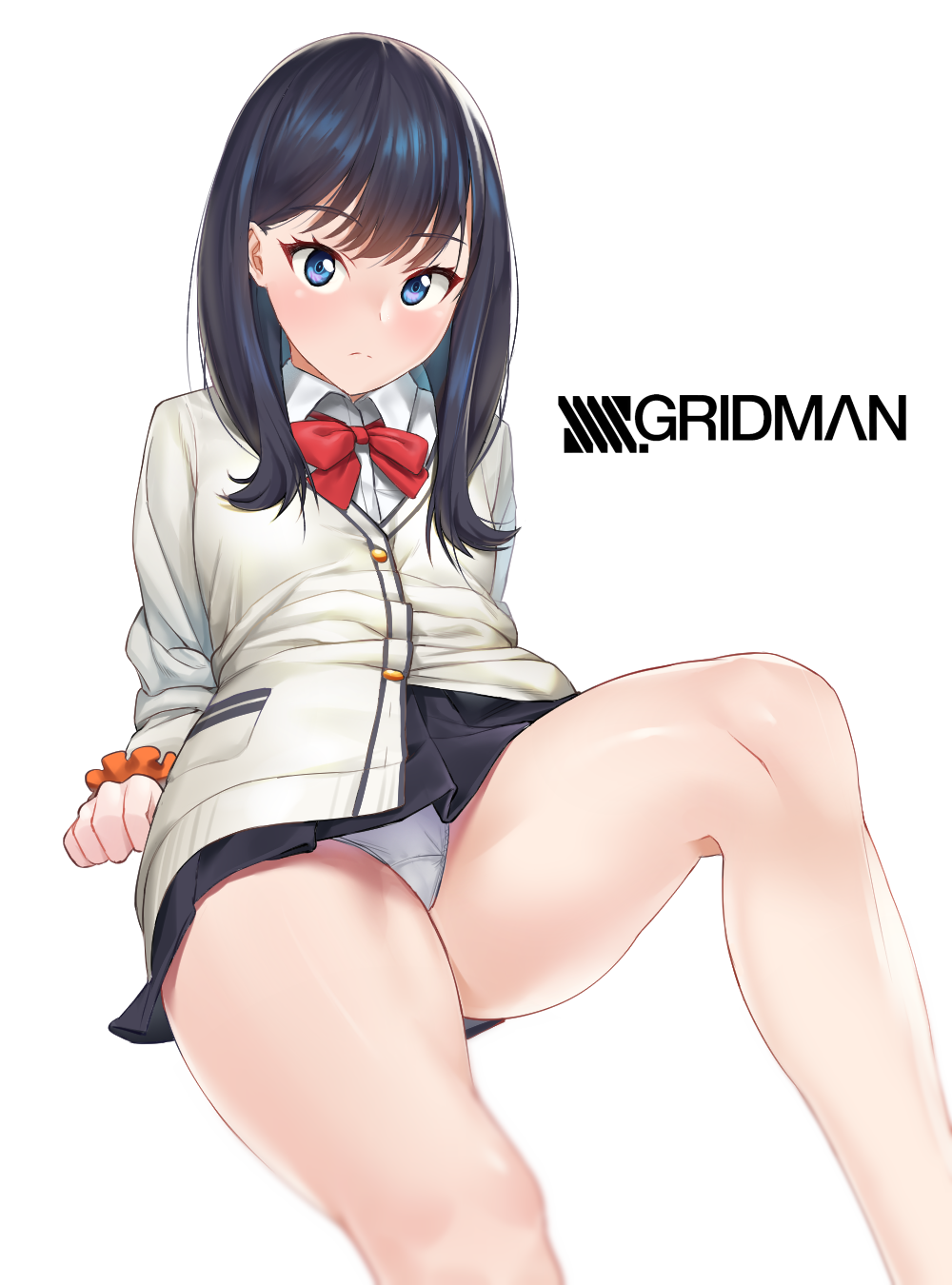 1girl black_hair blue_eyes blush bow bowtie breasts cardigan full_body highres leg_up legs looking_at_viewer medium_breasts medium_hair miniskirt panties pantyshot pantyshot_(sitting) pleated_skirt scrunchie simple_background sitting skirt solo ssss.gridman takarada_rikka thighs uleuleuleu underwear white_background white_panties