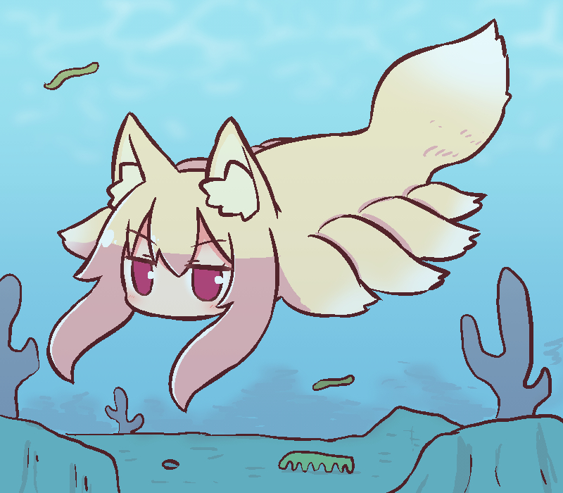 1girl animal_ear_fluff animal_ears bangs blonde_hair blush coral day eyebrows_visible_through_hair fox_ears fox_tail full_body hair_between_eyes kemomimi-chan_(naga_u) long_hair naga_u ocean ocean_bottom original outdoors red_eyes sidelocks solo tail underwater v-shaped_eyebrows water