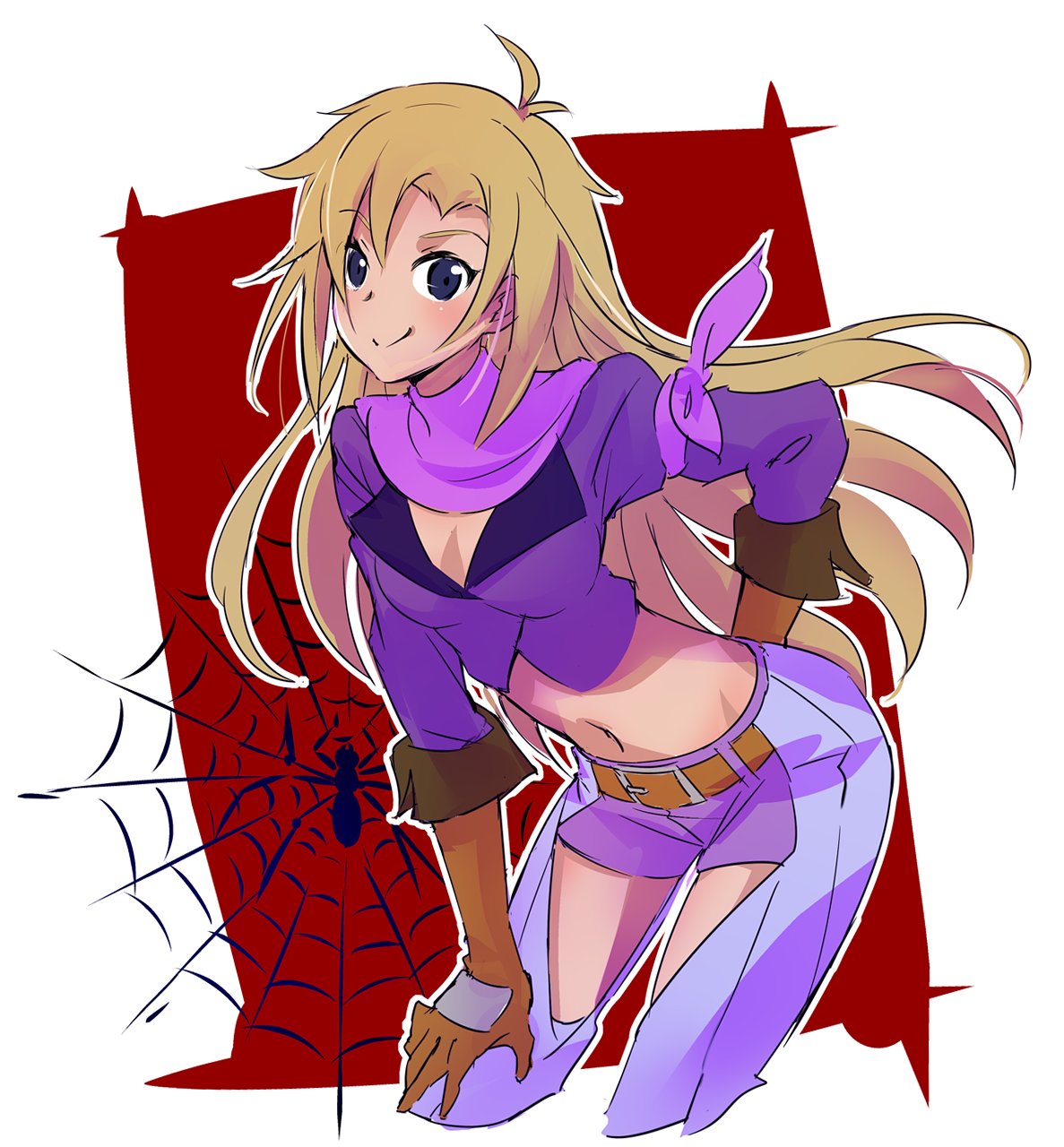 1girl ahoge belt blonde_hair blue_eyes breasts bug cleavage commentary_request gloves highres iesupa navel open_pants rwby shorts silk smile solo spider spider_web spider_web_print