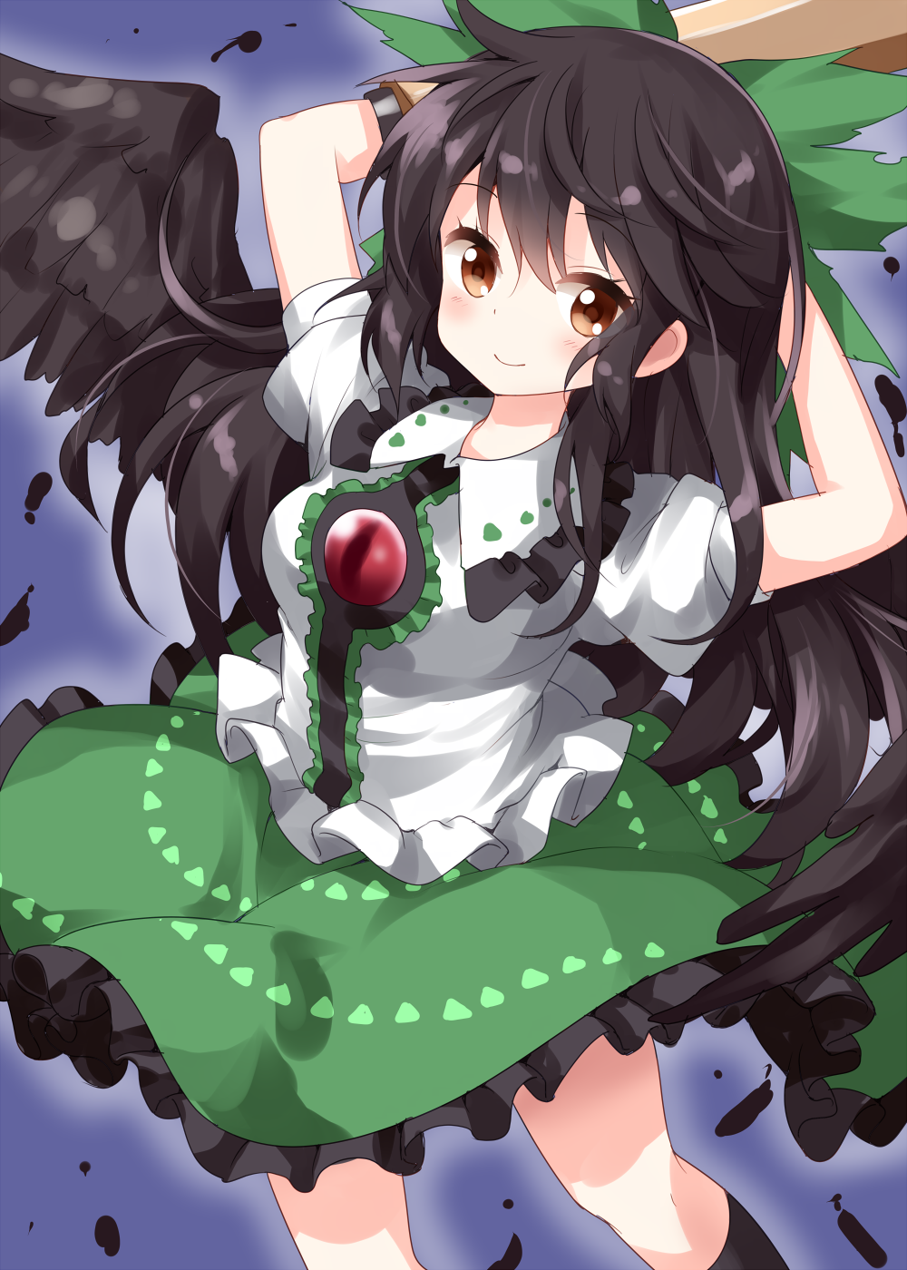 1girl arm_cannon arms_behind_head arms_up bangs black_hair black_legwear black_wings blue_background blush bow breasts brown_eyes center_frills commentary_request eyebrows_visible_through_hair feathered_wings feet_out_of_frame frilled_shirt_collar frills green_bow green_skirt hair_between_eyes hair_bow highres kneehighs long_hair looking_at_viewer medium_breasts petticoat puffy_short_sleeves puffy_sleeves reiuji_utsuho ruu_(tksymkw) shirt short_sleeves simple_background skirt smile solo thighs touhou weapon white_shirt wings