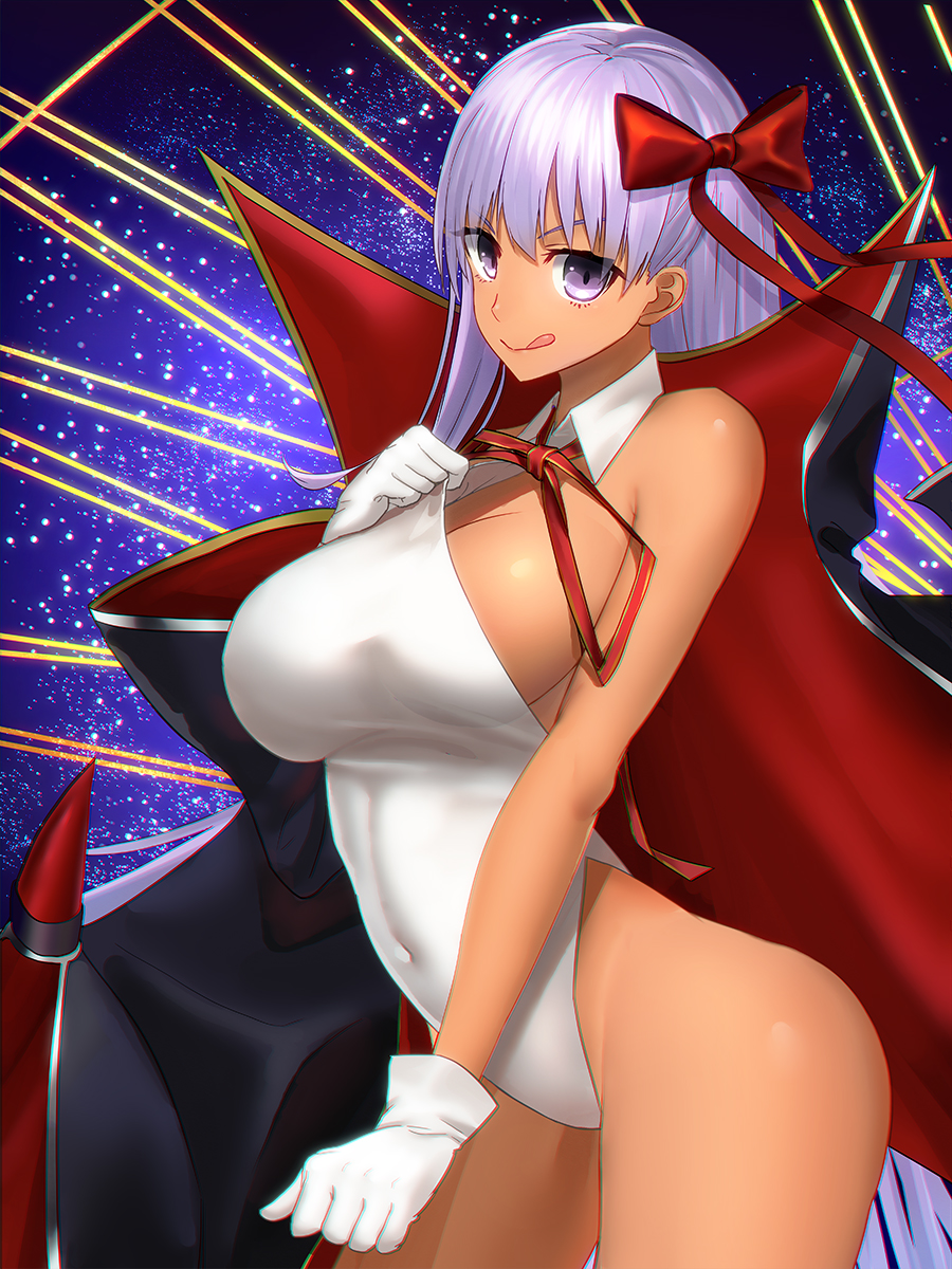 1girl bangs bare_shoulders bb_(fate)_(all) bb_(swimsuit_mooncancer)_(fate) black_coat bow breasts closed_mouth covered_navel fate/grand_order fate_(series) gloves hair_bow highres hips large_breasts leotard leotard_pull licking_lips long_hair looking_at_viewer minami_koyogi neck_ribbon popped_collar purple_hair red_bow red_ribbon ribbon sky smile solo star_(sky) starry_sky tan tongue tongue_out very_long_hair violet_eyes waist white_gloves white_leotard