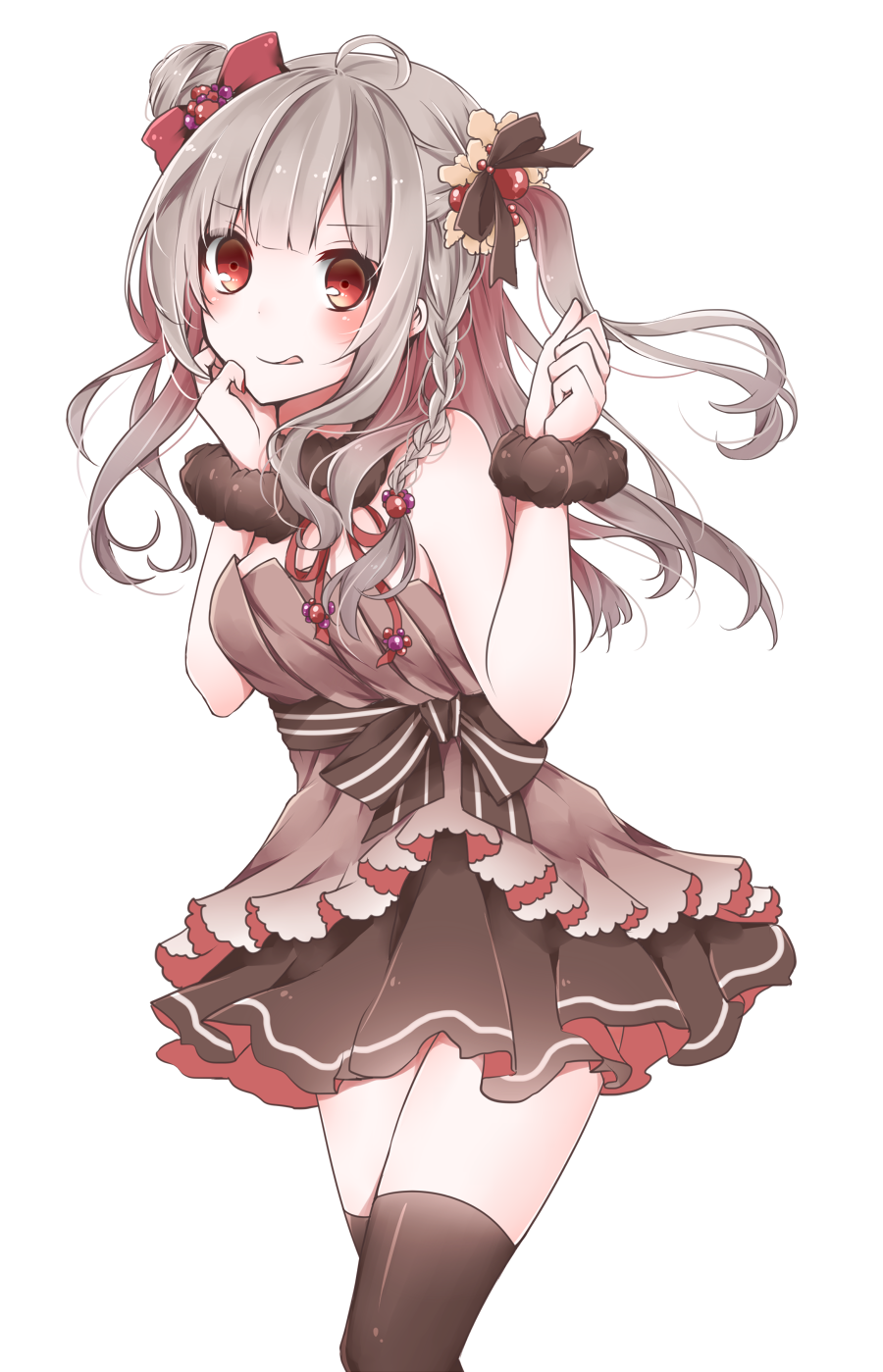 1girl :q ahoge bangs bare_shoulders belt black_legwear black_scrunchie black_skirt blush bow braid breasts closed_mouth commentary_request dress eyebrows_visible_through_hair gradient_hair grey_dress grey_hair hair_bow hair_bun hand_on_own_cheek hand_up highres lace_trim long_hair looking_at_viewer miniskirt multicolored_hair nail_polish nanase_eka one_side_up original red_bow red_eyes red_nails redhead scrunchie sidelocks simple_background skirt small_breasts smile solo standing strapless strapless_dress thigh-highs tongue tongue_out two-tone_hair white_background wrist_scrunchie zettai_ryouiki