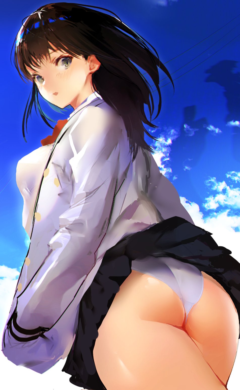 1girl ass bangs black_hair black_skirt blue_sky blush bow bowtie breasts cardigan grey_eyes hand_in_pocket highres hips hitaki_yuu long_hair long_sleeves looking_at_viewer looking_back miniskirt open_cardigan open_clothes open_mouth panties pleated_skirt red_bow school_uniform shirt skirt sky solo ssss.gridman sweater takarada_rikka underwear white_shirt white_sweater