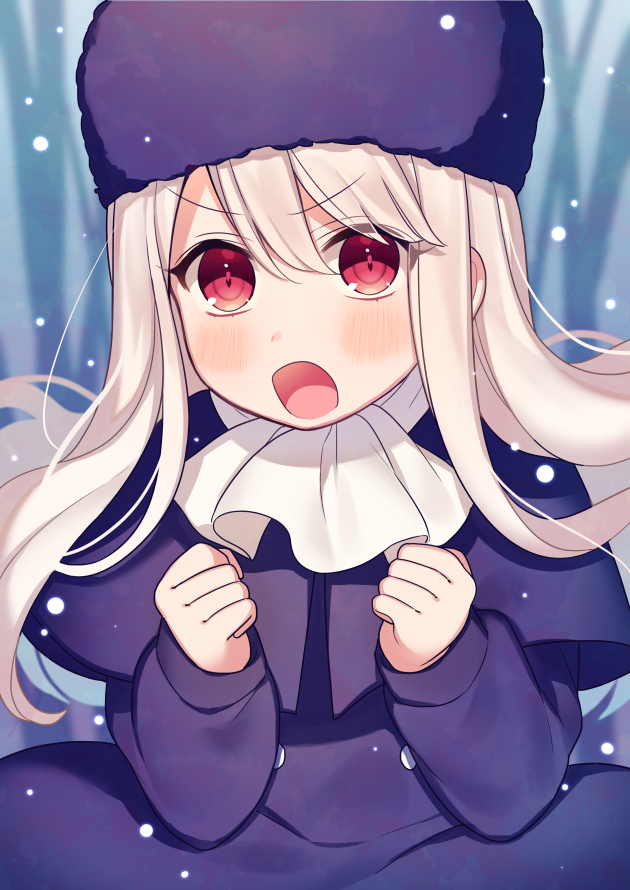 1girl bangs blurry blurry_background blush clenched_hands depth_of_field dress eyebrows_visible_through_hair fate/stay_night fate_(series) fur_hat hair_between_eyes hands_up hat illyasviel_von_einzbern karokuchitose light_brown_hair long_hair long_sleeves looking_at_viewer open_mouth purple_capelet purple_dress purple_hat red_eyes snow solo v-shaped_eyebrows white_neckwear