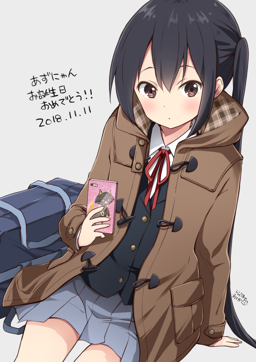 1girl arm_support bag bangs black_hair black_jacket blazer blush brown_eyes brown_jacket buttons cellphone closed_mouth collared_shirt commentary_request cowboy_shot dated duffel_bag grey_skirt highres holding holding_phone hood hood_down jacket k-on! long_hair long_sleeves looking_at_viewer miniskirt nakano_azusa neck_ribbon open_clothes open_jacket phone plaid pleated_skirt ragho_no_erika red_neckwear ribbon sakuragaoka_high_school_uniform school_bag school_uniform shirt sidelocks simple_background sitting skirt smartphone solo translated twintails very_long_hair white_background white_shirt wing_collar