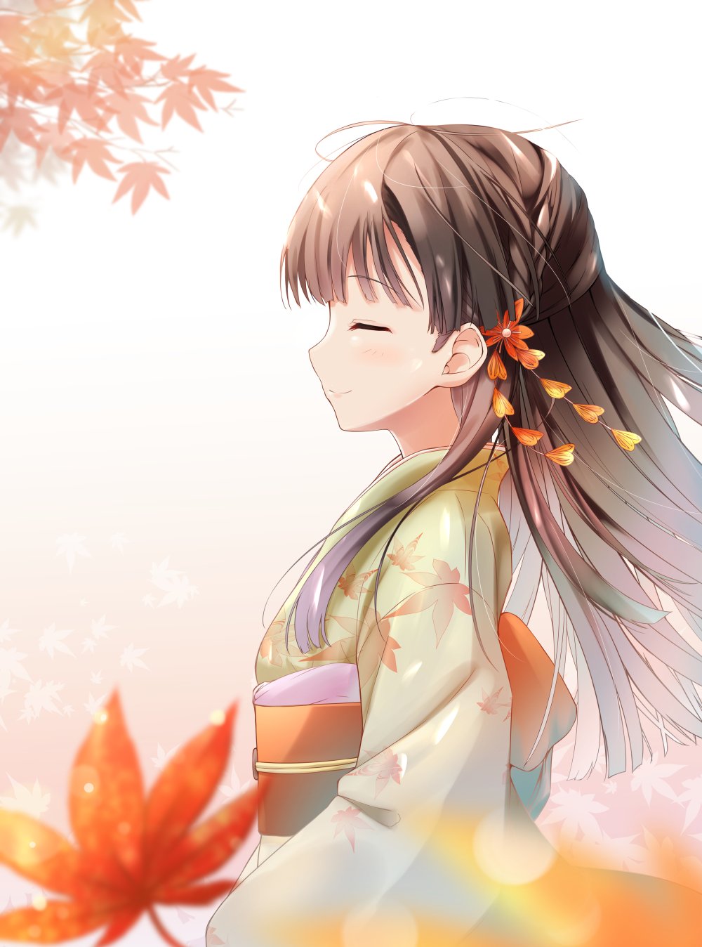 1girl akisaka_yamoka autumn autumn_leaves bangs black_hair blunt_bangs closed_eyes commentary_request gradient gradient_background green_kimono hair_ornament highres idolmaster idolmaster_cinderella_girls japanese_clothes kimono kobayakawa_sae leaf leaf_hair_ornament leaf_print long_hair obi profile sash smile solo upper_body