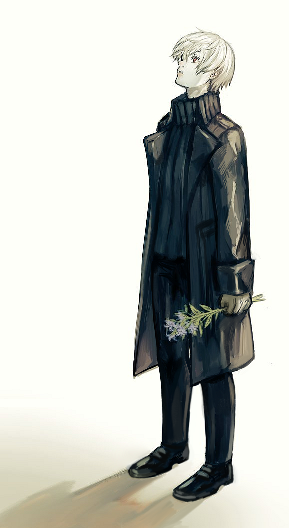 1boy black_coat black_footwear black_legwear black_sweater coat flower gloves holding holding_flower kaneki_ken looking_up pale_skin red_eyes ribbed_sweater solo standing sweater tokyo_ghoul turtleneck white_gloves white_hair xino