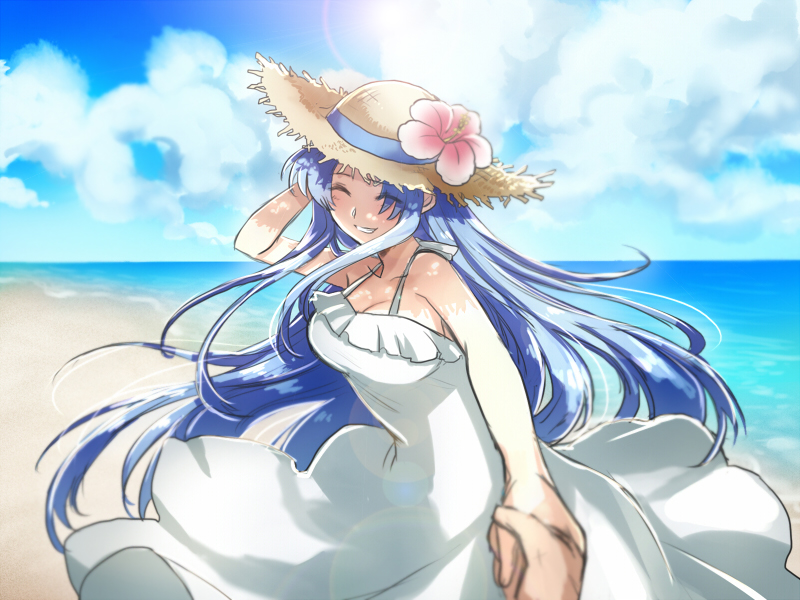 1girl bare_shoulders beach blue_hair breasts chidori_kaname cleavage closed_eyes clouds cloudy_sky cowboy_shot day dress flower fukurou_(hukirou) full_metal_panic! hand_holding hat hat_flower long_hair looking_at_viewer medium_breasts ocean pov pov_hands sky sleeveless smile solo_focus straw_hat sun white_dress