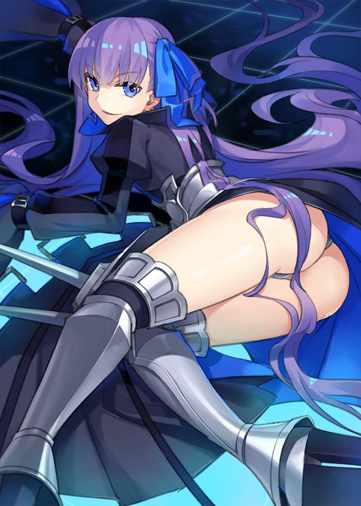 armor armored_boots ass blue_ribbon boots commentary crotch_plate fate/extra fate/extra_ccc fate/grand_order fate_(series) hair_ribbon juliet_sleeves long_hair long_sleeves meltlilith mujun_atama puffy_sleeves purple_hair revealing_clothes ribbon sleeves_past_wrists spikes very_long_hair