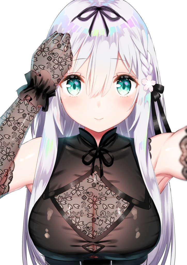 1girl arm_up bangs bare_shoulders black_bow black_dress black_ribbon blush bow braid breasts brown_gloves character_request cleavage closed_mouth commentary_request dress elbow_gloves eyebrows_visible_through_hair flower gloves green_eyes hair_between_eyes hair_bow hair_flower hair_ornament hair_ribbon kinu_channel lace lace_gloves large_breasts long_hair looking_at_viewer pink_flower reaching_out ribbon see-through self_shot silver_hair simple_background sleeveless sleeveless_dress smile solo upper_body very_long_hair virtual_youtuber white_background yasuyuki