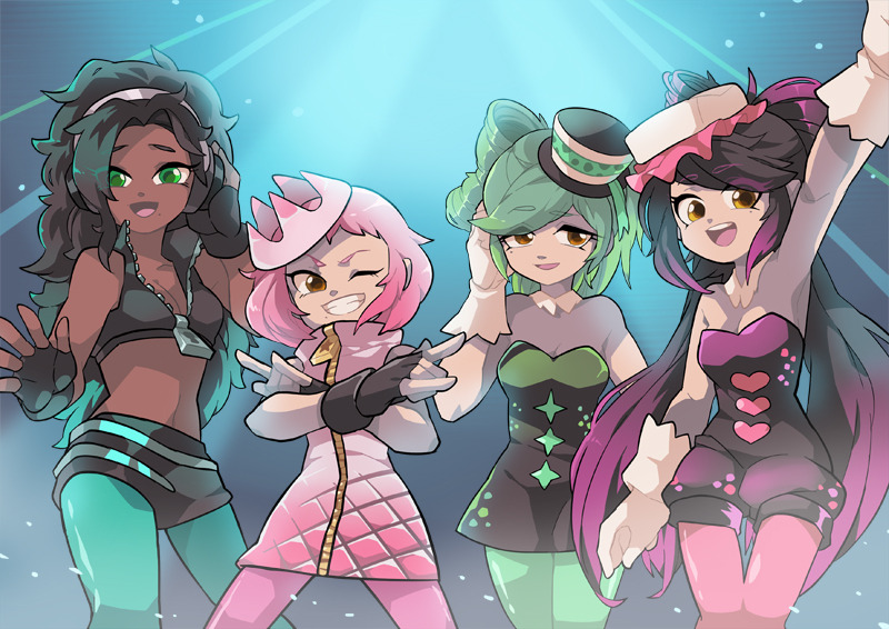 4girls aori_(splatoon) bare_shoulders black_hair breasts brown_eyes cleavage crown dark_skin detached_collar fingerless_gloves gloves green_eyes green_hair hime_(splatoon) hotaru_(splatoon) humanization idol iida_(splatoon) looking_at_viewer medium_hair mini_crown mole mole_under_eye mole_under_mouth multicolored_hair multiple_girls nintendo one_eye_closed open_mouth pink_hair purple_hair smile splatoon standing two-tone_hair wong_ying_chee zipper_pull_tab