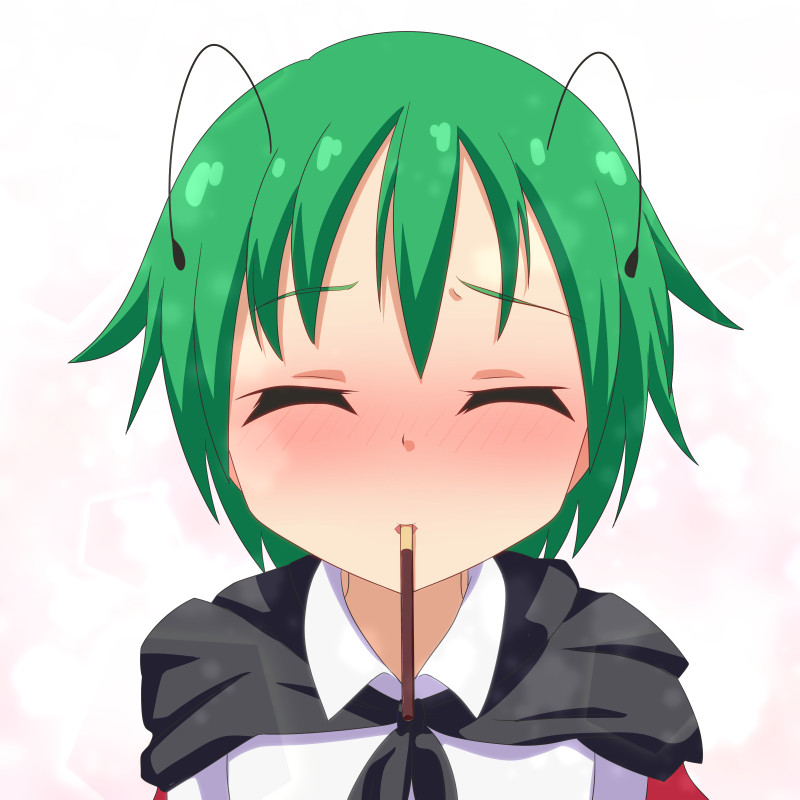 1girl antennae blush cape cato_(monocatienus) closed_eyes commentary_request eyebrows_visible_through_hair facing_viewer food green_hair incoming_pocky_kiss mouth_hold nose_blush pocky shirt short_hair simple_background solo touhou upper_body white_shirt wriggle_nightbug