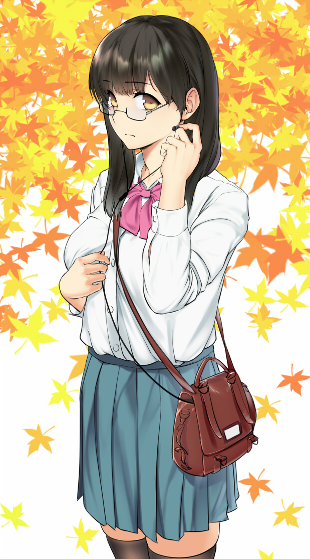 1girl autumn_leaves bag baiyin black_hair blue_skirt bow brown_eyes earphones earphones glasses handbag long_hair long_sleeves looking_at_viewer original pink_bow pleated_skirt school_uniform simple_background skirt solo standing thigh-highs uniform