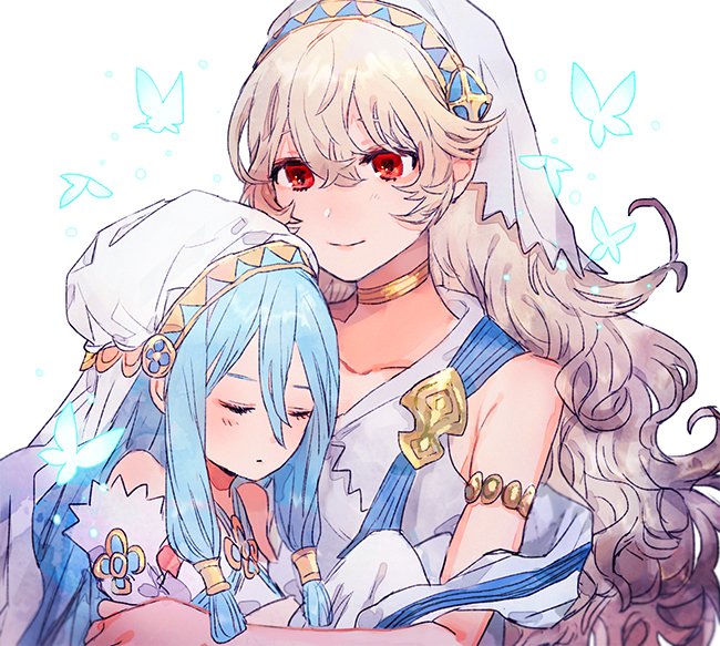 2girls aqua_(fire_emblem_if) aqua_hair bug butterfly closed_eyes closed_mouth female_my_unit_(fire_emblem_if) fire_emblem fire_emblem_heroes fire_emblem_if insect long_hair multiple_girls my_unit_(fire_emblem_if) nintendo pointy_ears red_eyes shourou_kanna simple_background sleeping smile veil white_background white_hair younger