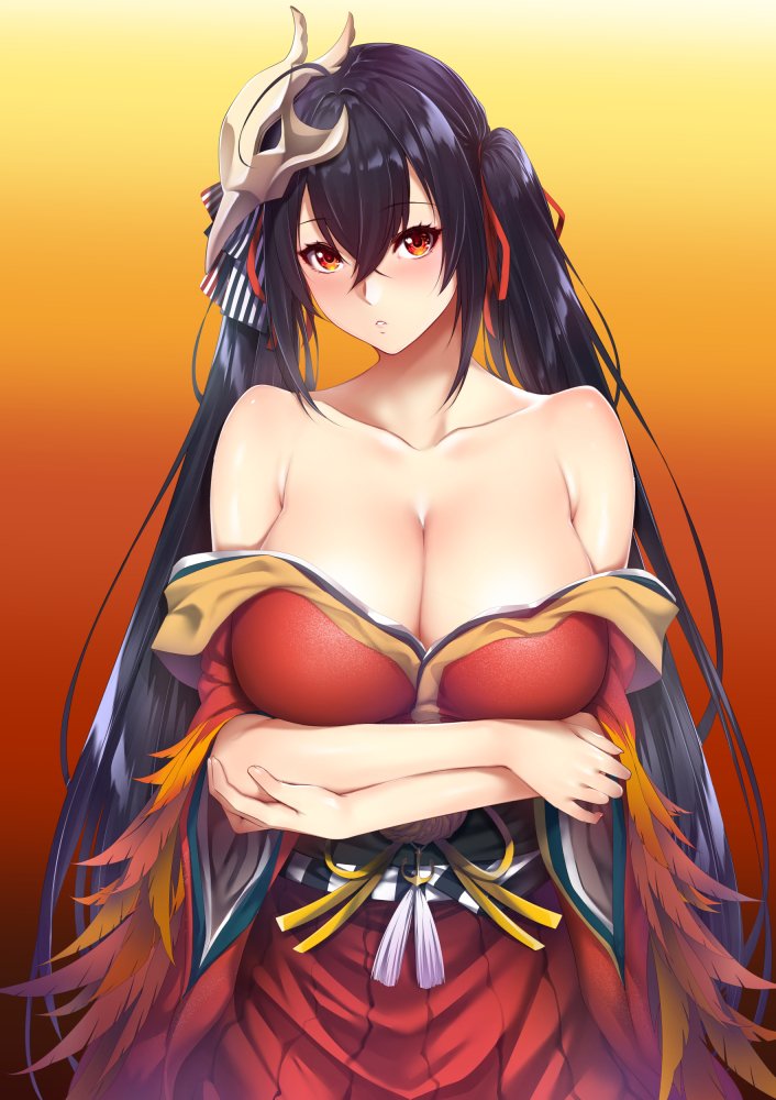 1girl ahoge arms_under_breasts azur_lane bangs bare_shoulders black_hair blush breasts cleavage collarbone commentary_request crossed_arms crossed_bangs eyebrows_visible_through_hair facing_viewer feathers hair_between_eyes hair_ornament japanese_clothes kimono large_breasts long_hair looking_at_viewer mask mask_on_head red_eyes red_kimono red_ribbon ribbon sash standing taihou_(azur_lane) twintails very_long_hair zucchini