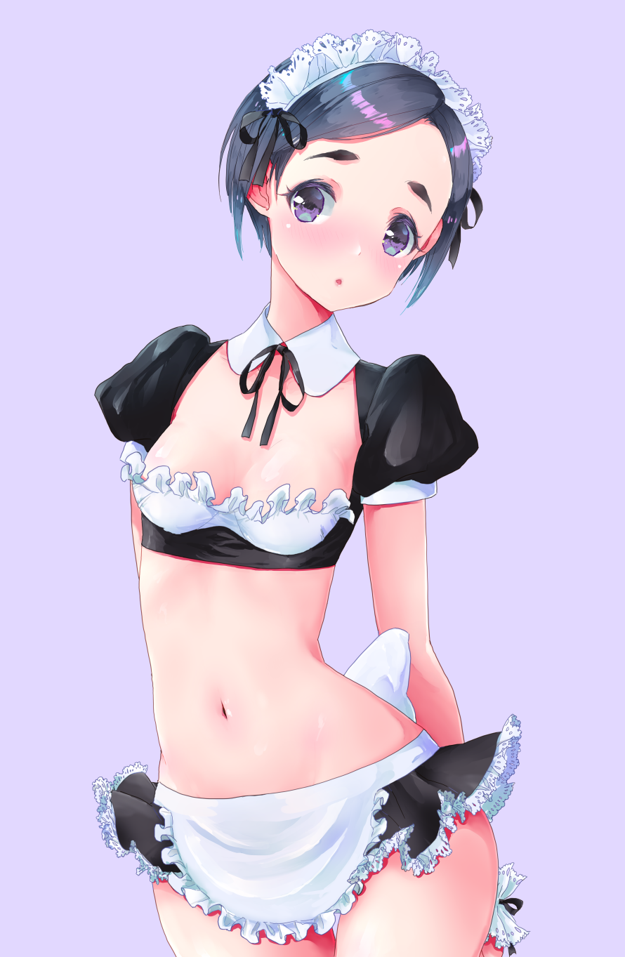 1girl black_eyes black_hair black_skirt blush breasts detached_collar eyebrows frills grey_background grey_eyes hair_ornament highres idolmaster idolmaster_cinderella_girls idolmaster_cinderella_girls_starlight_stage looking_at_viewer maid_headdress matsuo_chizuru miniskirt navel open_mouth poniponi puffy_short_sleeves puffy_sleeves short_hair short_sleeves skirt small_breasts solo standing white_collar