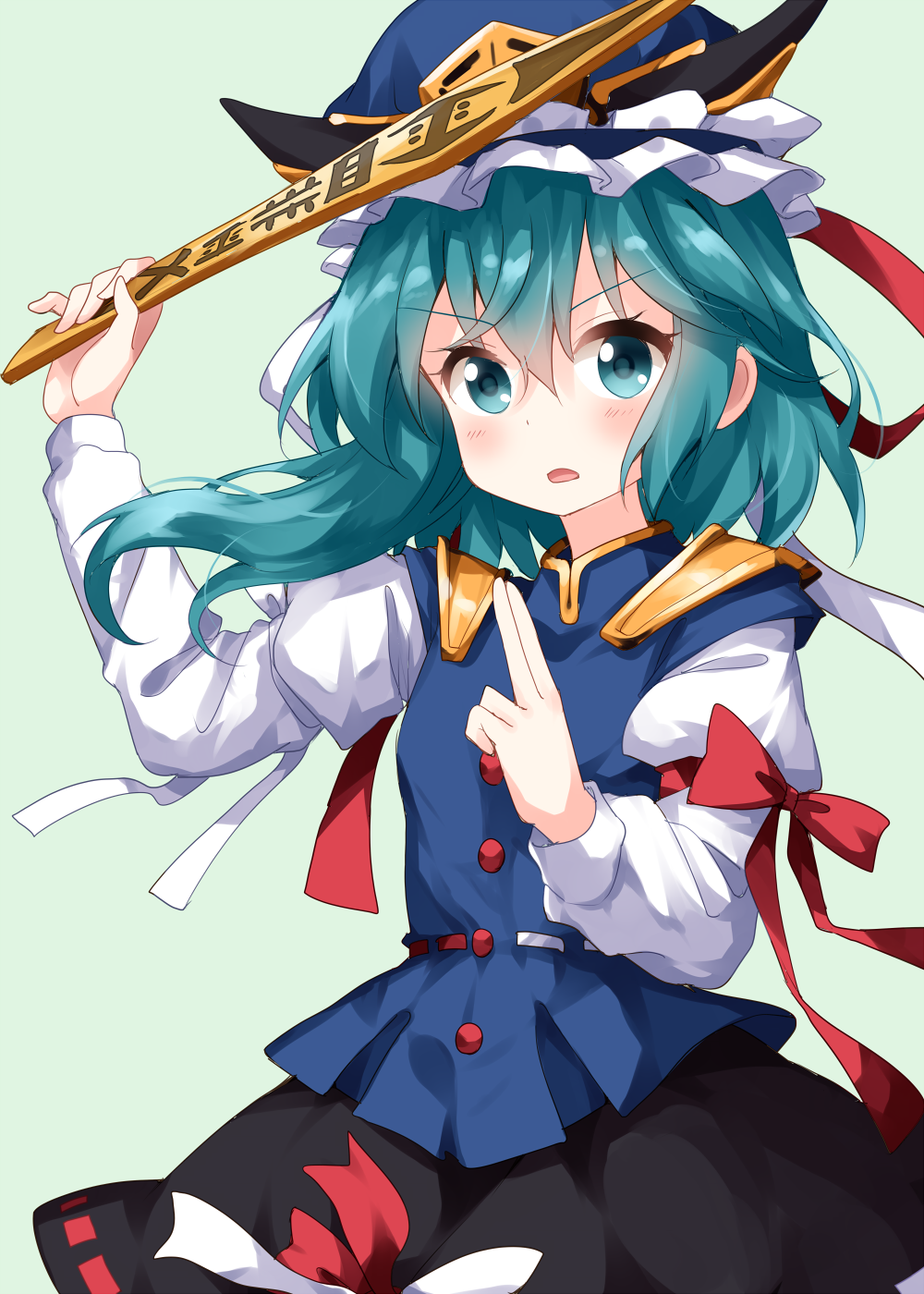 1girl black_skirt blue_vest green_background green_eyes green_hair hair_between_eyes hat highres juliet_sleeves long_hair long_sleeves looking_at_viewer open_mouth puffy_sleeves red_ribbon ribbon rod_of_remorse ruu_(tksymkw) shiki_eiki shirt simple_background skirt solo touhou v-shaped_eyebrows vest white_ribbon white_shirt