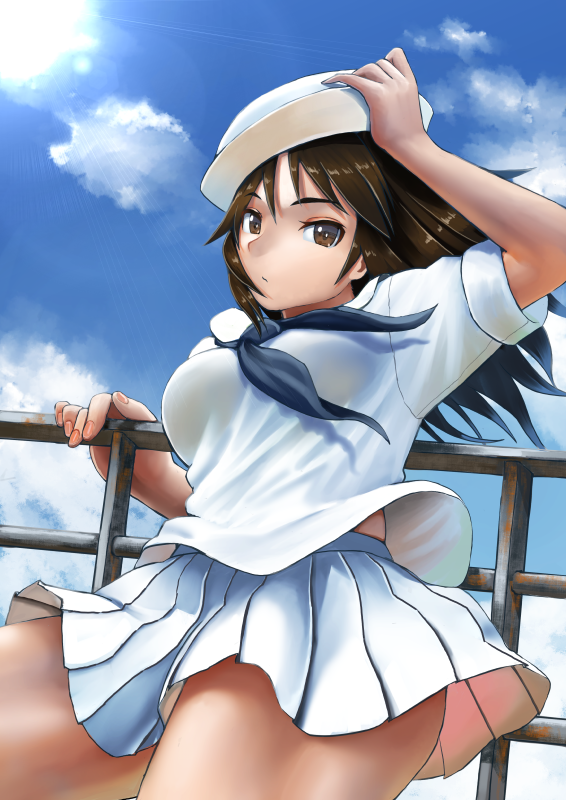 1girl abazu-red against_railing bangs black_eyes black_hair blouse blue_skirt closed_mouth clouds cloudy_sky commentary cowboy_shot day dixie_cup_hat girls_und_panzer hand_on_headwear hat leaning_back lens_flare light_frown long_hair long_sleeves looking_at_viewer military_hat miniskirt murakami_(girls_und_panzer) navy_blue_neckwear neckerchief ooarai_naval_school_uniform outdoors pleated_skirt railing sailor sailor_collar school_uniform skirt sky sleeves_rolled_up solo standing sun sunlight thighs white_blouse white_hat white_skirt wind
