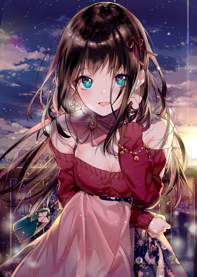 1girl adjusting_hair bag bangs bare_shoulders black_hair blue_eyes blush bracelet breasts cityscape cleavage clouds cloudy_sky cowboy_shot earrings hair_ribbon hand_in_hair holding_clothes jewelry kinokohime long_hair long_sleeves looking_at_viewer neck_ribbon night open_mouth original outdoors piercing railing ribbon shiny shiny_hair sidelocks sky solo standing star_(sky) starry_sky