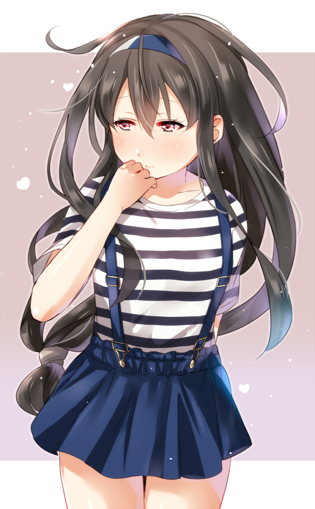 1girl arm_behind_back bangs black_hair blue_hairband blue_skirt blush bunches character_request closed_mouth commentary_request cowboy_shot eyelashes furrowed_eyebrows hair_between_eyes hairband half-closed_eyes hand_up high-waist_skirt horizontal-striped_shirt horizontal_stripes juurouta kantai_collection legs_together looking_away miniskirt red_eyes shirt short_sleeves shy sketch_eyebrows skirt solo standing striped striped_shirt suspender_skirt suspenders