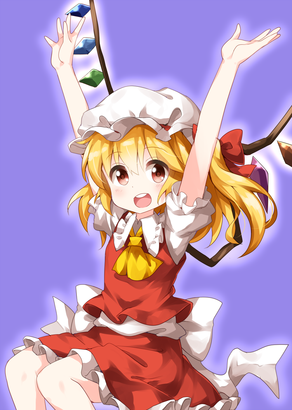 1girl :d arms_up ascot blonde_hair flandre_scarlet frilled_shirt_collar frills hair_between_eyes hat highres long_hair looking_at_viewer mob_cap open_mouth puffy_short_sleeves puffy_sleeves purple_background red_eyes red_skirt red_vest round_teeth ruu_(tksymkw) shirt short_sleeves side_ponytail simple_background skirt skirt_set smile solo teeth touhou vest white_shirt yellow_neckwear