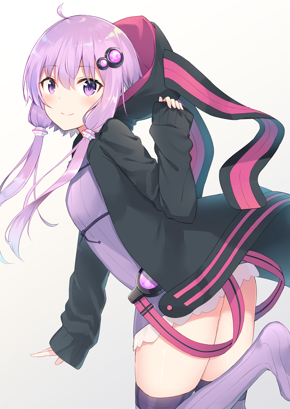 1girl ahoge blush closed_mouth eyebrows_visible_through_hair gradient gradient_background grey_background hair_between_eyes hair_ornament highres hood long_sleeves looking_at_viewer low_twintails purple_hair purple_legwear sleeves_past_wrists smile solo thigh-highs twintails violet_eyes vocaloid voiceroid white_background yukarite yuzuki_yukari