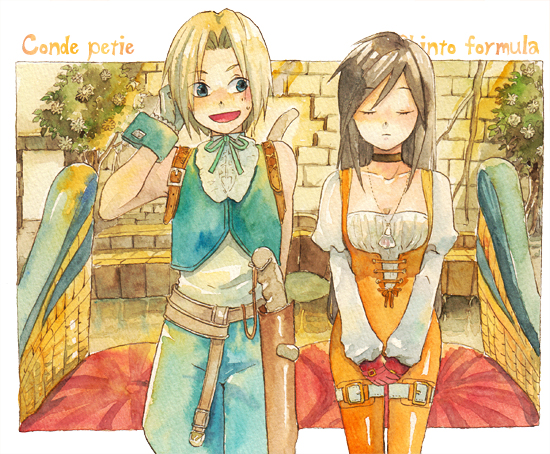 1boy 1girl black_hair blonde_hair bodysuit breasts choker cleavage commentary_request dagger deboo final_fantasy final_fantasy_ix garnet_til_alexandros_xvii gloves jewelry long_hair medium_hair monkey_tail necklace open_mouth orange_bodysuit smile tail traditional_media watercolor_(medium) weapon zidane_tribal