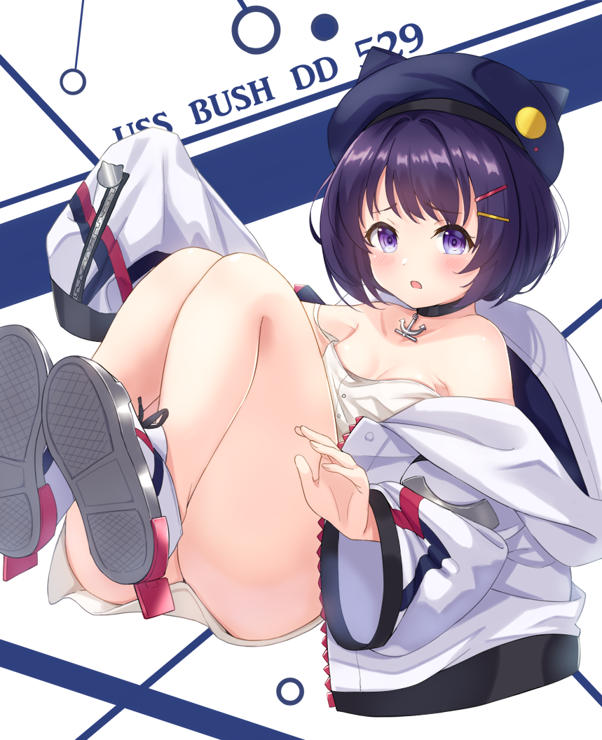 1girl anchor_choker animal_ears animal_hat ass azur_lane bare_shoulders beret black_choker blue_hat blush bush_(azur_lane) cat_ears cat_hat character_name choker collarbone commentary_request dress hat jacket knees_up long_sleeves looking_at_viewer open_clothes open_jacket parted_lips purple_hair shirt shoe_soles short_hair sleeveless sleeveless_dress sleeves_past_fingers sleeves_past_wrists solo strap_slip tsukiman violet_eyes white_dress white_jacket white_shirt