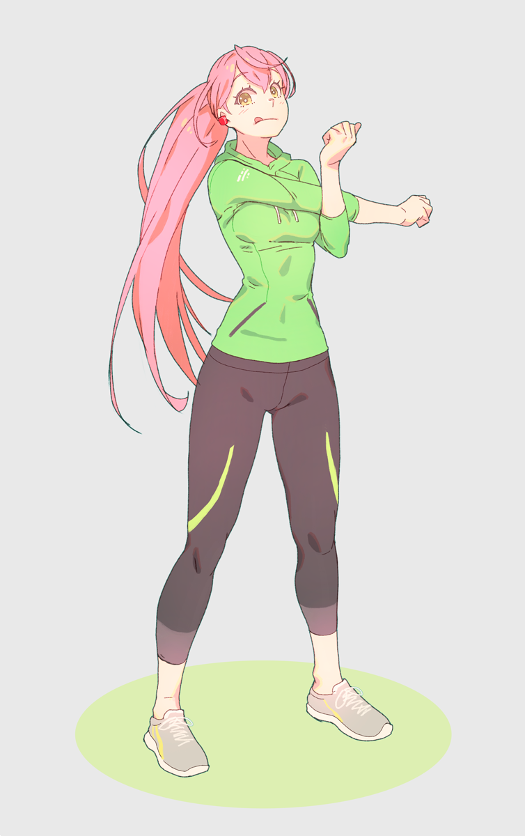 1girl akashi_(kantai_collection) alternate_costume alternate_hairstyle black_pants exercise full_body green_sweater grey_background highres hood hooded_sweater hoodie kantai_collection leggings long_hair looking_at_viewer pants pink_hair ponytail shoes simple_background sneakers solo standing stretch sweater tongue tongue_out yellow_eyes yoga_pants yuuji_(and)