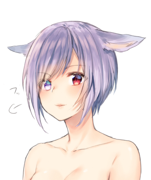1girl animal_ears bangs blush breasts collarbone commentary_request eyebrows_visible_through_hair final_fantasy final_fantasy_xiv heterochromia midorikawa_you miqo'te nude out-of-frame_censoring parted_lips purple_hair red_eyes short_hair simple_background small_breasts solo upper_body violet_eyes white_background