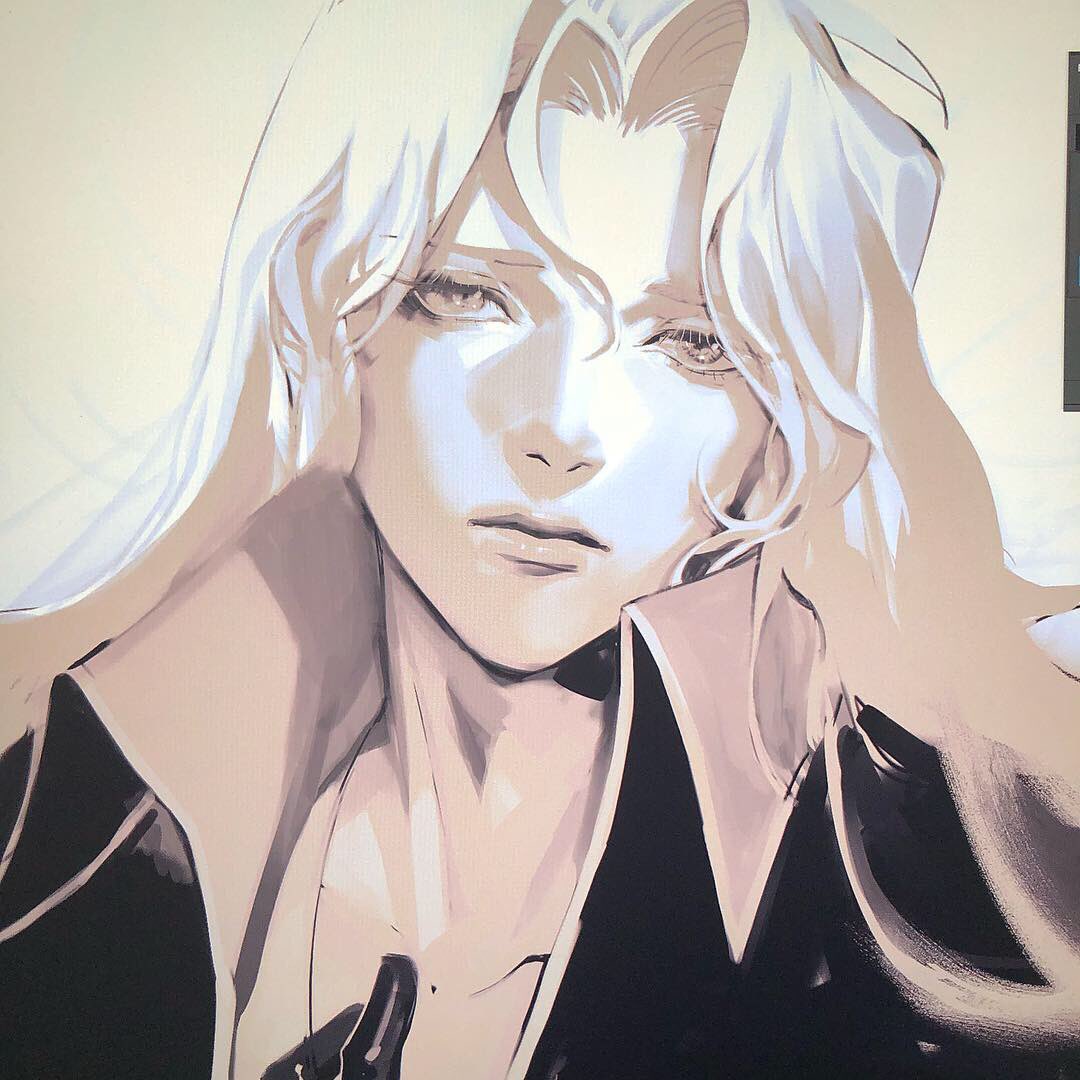 1boy alucard_(castlevania) black_gloves blonde_hair castlevania castlevania:_symphony_of_the_night facing_viewer gloves high_collar long_hair looking_at_viewer male_focus monochrome ngop silver_hair solo white_hair