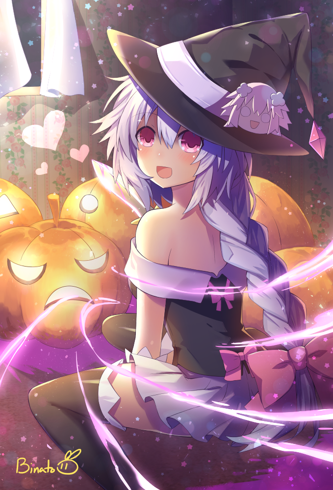 1girl :d alternate_costume bare_shoulders binato_lulu black_hat black_legwear blush braid character_pin commentary crystal english_commentary floral_print hair_between_eyes hair_ribbon halloween_costume hat hat_ribbon heart indoors kami_jigen_game_neptune_v lavender_hair lavender_skirt long_hair looking_at_viewer looking_back neptune_(choujigen_game_neptune) neptune_(series) open_mouth pink_eyes pleated_skirt pumpkin pururut ribbon signature skirt smile solo star thigh-highs very_long_hair witch witch_hat