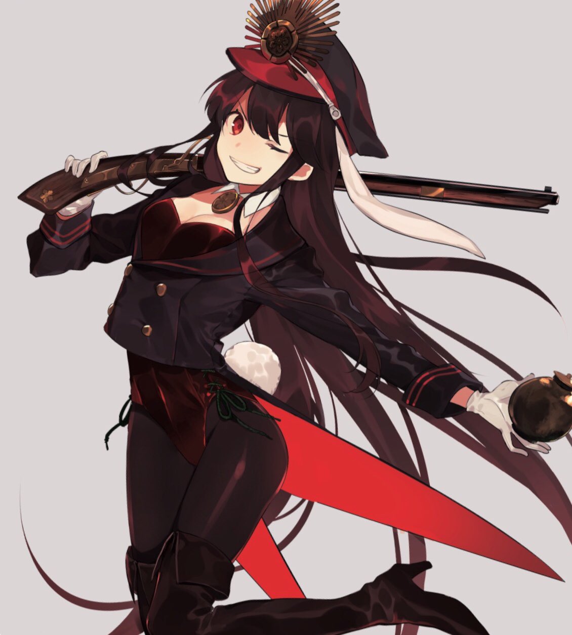 1girl black_hair black_legwear bomb boots breasts bunnysuit cleavage fate_(series) gloves grey_background grin gun hat high_heels highres holding holding_gun holding_weapon koha-ace long_hair looking_at_viewer oda_nobunaga_(fate) one_eye_closed pantyhose red_eyes rifle simple_background smile solo thigh-highs thigh_boots very_long_hair weapon white_gloves ya_4004