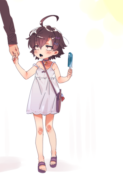 1girl ahoge androgynous bag bell bell_choker bow brown_eyes brown_hair child choker cr-r dress food hair_bow hand_holding handbag hikigaya_hachiman holding holding_food jingle_bell looking_at_another looking_up no_socks open_mouth out_of_frame popsicle sandals sleeveless sleeveless_dress solo_focus strap_slip sundress walking white_background white_dress yahari_ore_no_seishun_lovecome_wa_machigatteiru. younger