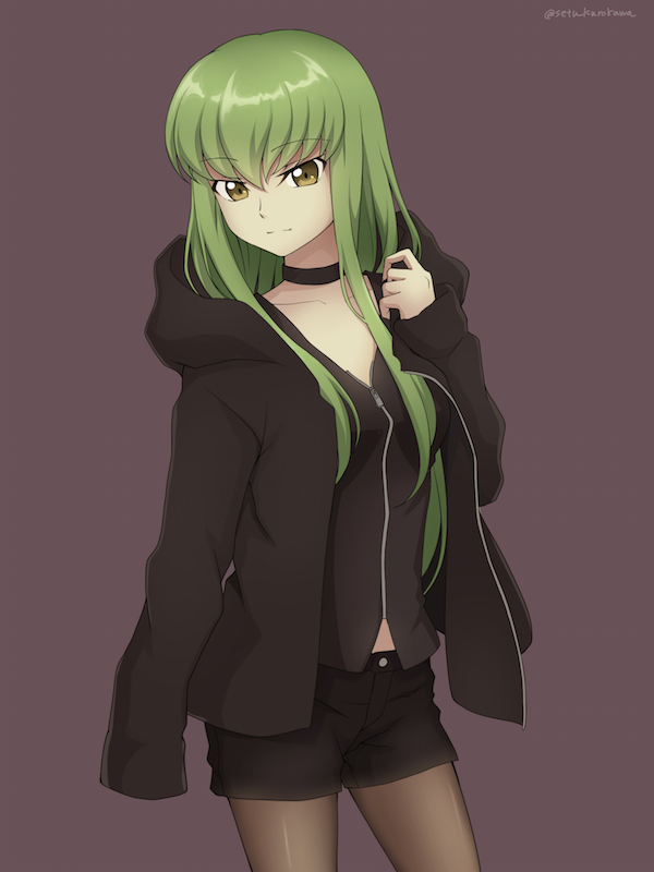 1girl bangs black_shirt black_shorts black_sweater brown_background brown_eyes brown_legwear c.c. cardigan choker code_geass collarbone cowboy_shot eyebrows_visible_through_hair green_hair hood hood_down hooded_sweater long_hair looking_at_viewer open_cardigan open_clothes pantyhose setu_kurokawa shiny shiny_hair shirt short_shorts shorts simple_background solo standing sweater twitter_username zipper