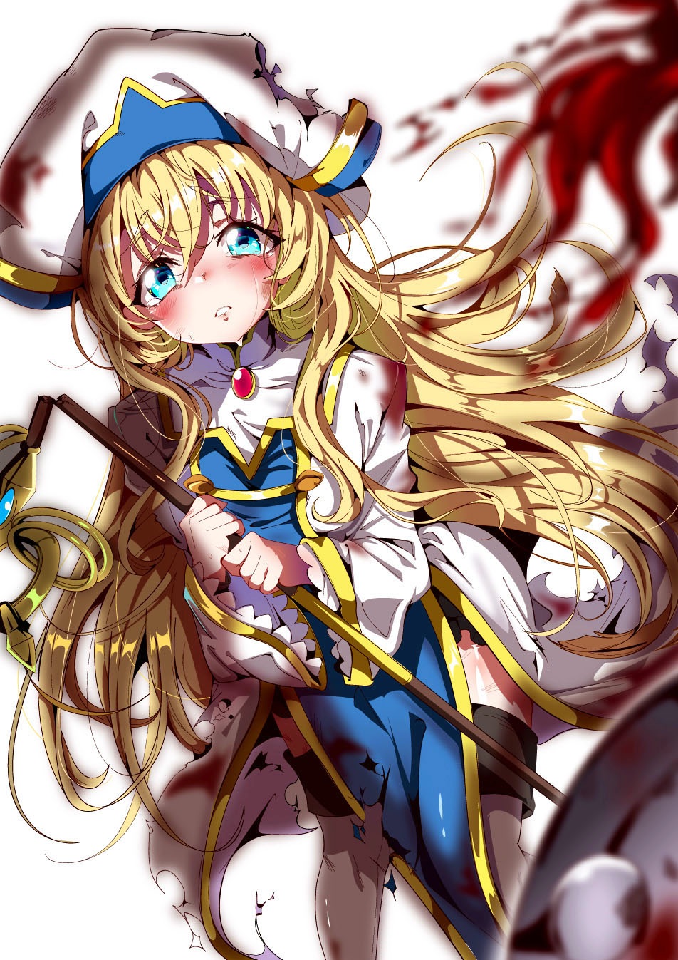 1girl aloe_(kenkou3733) blonde_hair blood bloomers blue_eyes blush boots crying dress frills goblin_slayer! highres holding holding_staff long_hair long_sleeves looking_at_viewer parted_lips priestess_(goblin_slayer!) sad simple_background solo staff tears thigh-highs thigh_boots torn_clothes underwear white_background wide_sleeves