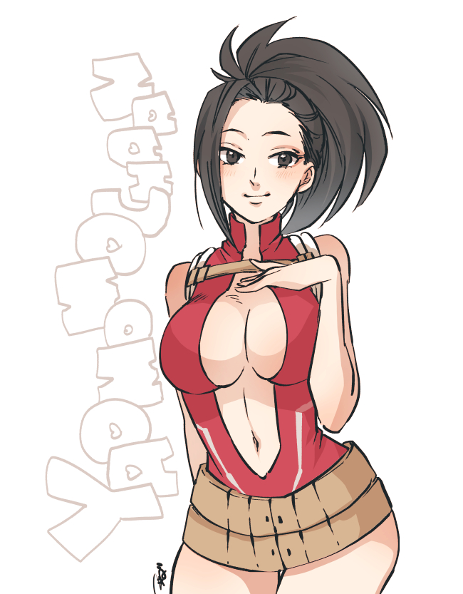 1girl arm_behind_back black_eyes black_hair boku_no_hero_academia breasts character_name cleavage cleavage_cutout hand_on_own_breast heart large_breasts light_blush light_smile long_hair looking_at_viewer matsuda_(louol) navel navel_cutout ponytail signature solo white_background yaoyorozu_momo