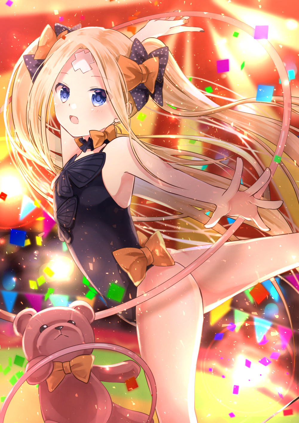 1girl abigail_williams_(fate/grand_order) alternate_hairstyle arm_up ass bangs bare_arms bare_shoulders black_bow black_leotard black_nails blonde_hair blush bow commentary_request eyebrows_visible_through_hair fate/grand_order fate_(series) fingernails hair_bow highres iroha_(shiki) leotard long_hair looking_at_viewer multicolored multicolored_nails nail_polish open_mouth orange_bow orange_nails outstretched_arm parted_bangs pennant polka_dot polka_dot_bow sidelocks solo standing standing_on_one_leg string_of_flags stuffed_animal stuffed_toy teddy_bear twintails very_long_hair