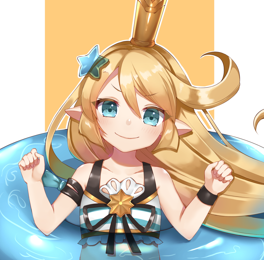 1girl blonde_hair blue_eyes blush charlotta_fenia clenched_hands closed_mouth collarbone commentary_request crown eyebrows_visible_through_hair granblue_fantasy hair_ornament itoi_toi long_hair looking_at_viewer pointy_ears smile solo star star_hair_ornament upper_body