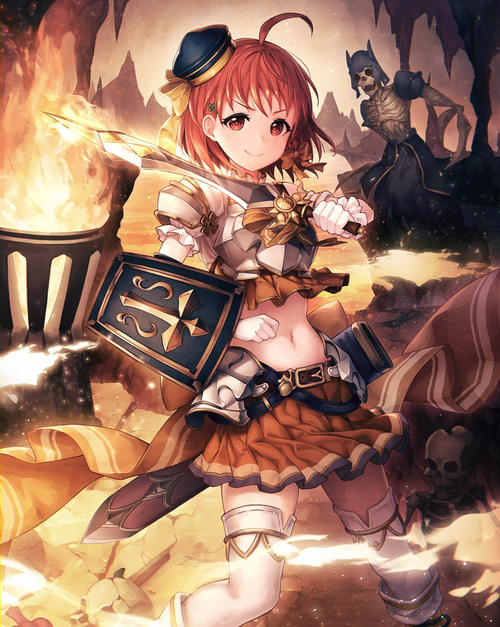 1girl ahoge armor bow braid breastplate clenched_hand closed_mouth fire gloves granblue_fantasy hair_bow hat helmet highres holding holding_sword holding_weapon kyouou_ena love_live! love_live!_sunshine!! midriff mini_hat navel orange_bow orange_eyes orange_hair orange_skirt pauldrons pleated_skirt sheath shield skeleton skirt smile stalactite stalagmite standing sword takami_chika thigh-highs v-shaped_eyebrows weapon white_gloves white_legwear