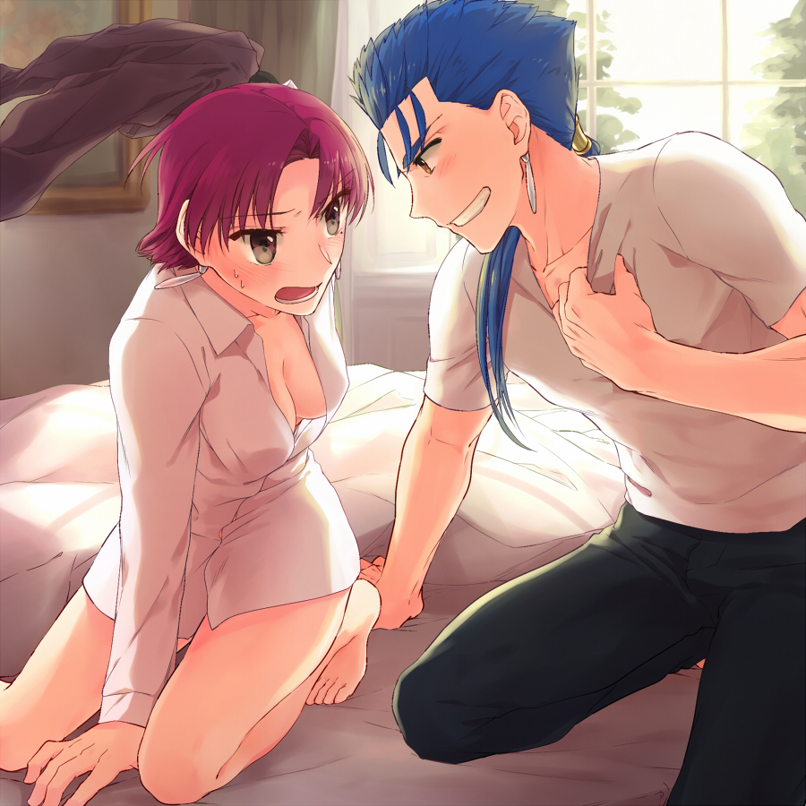 1boy 1girl arm_support barefoot bazett_fraga_mcremitz bed_sheet between_legs black_gloves black_pants blue_hair blush breasts brown brown_jacket cleavage collarbone dress_shirt eye_contact eyes fate/hollow_ataraxia fate_(series) gloves grin hair_ornament hair_over_shoulder hand_between_legs holding holding_jacket indoors jacket jacket_removed kneeling lancer long_hair long_sleeves looking_at_another medium_breasts misoiri_(gokutsubushi) naked_shirt open_mouth pants ponytail redhead shirt short_hair short_sleeves single_glove smile sweatdrop white_shirt