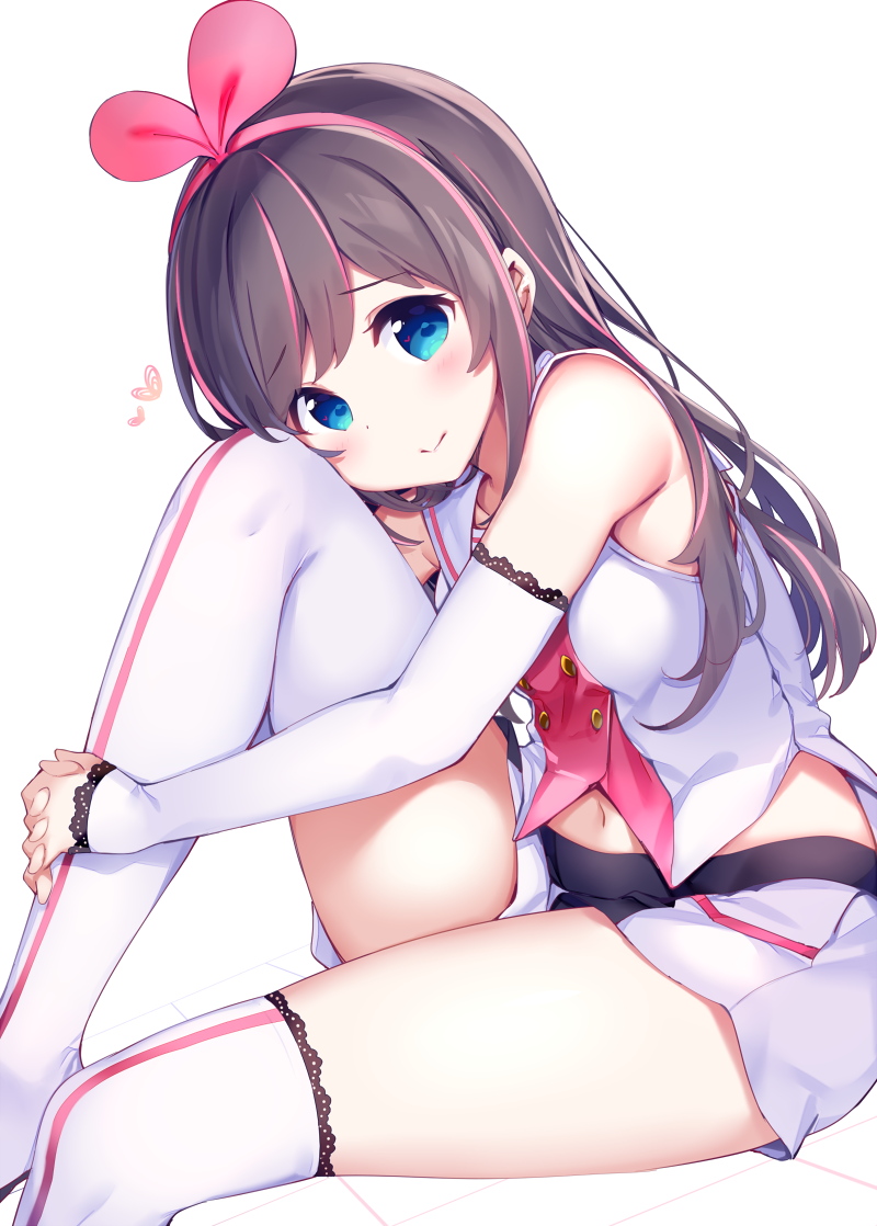 1girl a.i._channel bangs bare_shoulders blue_eyes blush breasts brown_hair chikuwa. closed_mouth commentary_request detached_sleeves eyebrows_visible_through_hair hair_ribbon hairband head_tilt kizuna_ai knee_up leg_hug long_hair long_sleeves multicolored_hair navel pink_hair pink_hairband pink_ribbon ribbon shirt short_shorts shorts sitting sleeveless sleeveless_shirt sleeves_past_wrists small_breasts smile solo streaked_hair thigh-highs very_long_hair virtual_youtuber white_background white_legwear white_shirt white_shorts white_sleeves