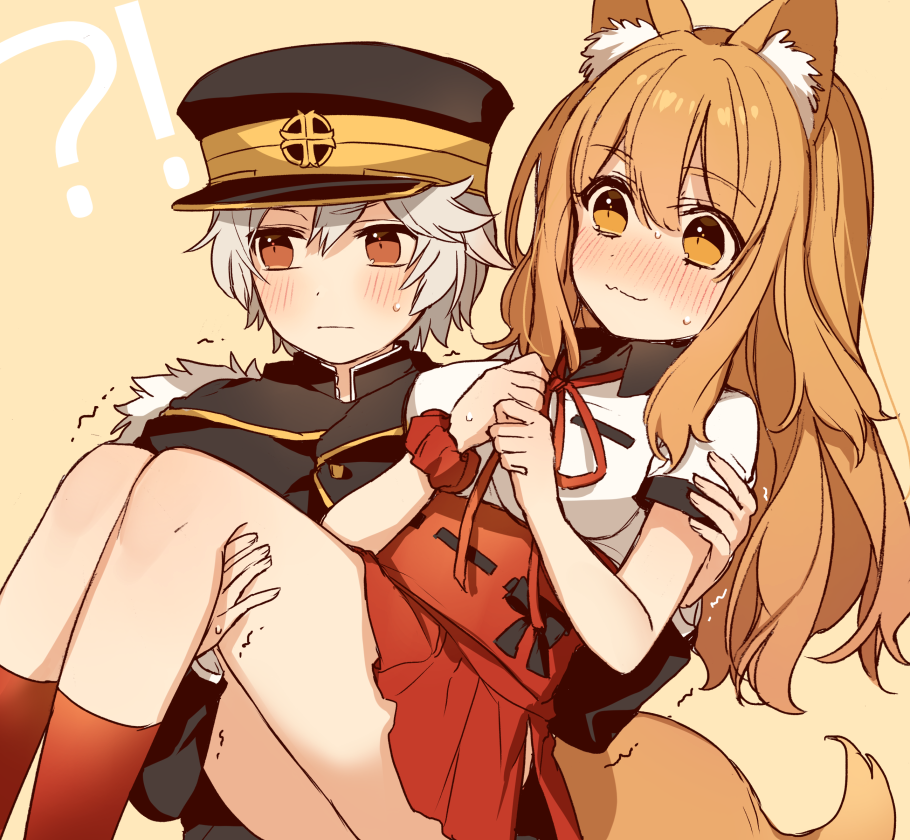 !? 1boy 1girl animal_ear_fluff animal_ears bangs black_hat black_jacket blush brown_background brown_eyes carrying character_request closed_mouth collared_shirt eyebrows_visible_through_hair fate/extra fate/extra_ccc fate/extra_ccc_fox_tail fate_(series) fingernails fox_ears fox_girl fox_tail grey_hair hair_between_eyes hat jacket karokuchitose light_brown_hair long_hair long_sleeves neck_ribbon nose_blush own_hands_together peaked_cap pleated_skirt princess_carry red_ribbon red_scrunchie red_skirt ribbon scrunchie shirt short_sleeves simple_background skirt suzuka_gozen_(fate) tail trembling very_long_hair wavy_mouth white_shirt wrist_scrunchie