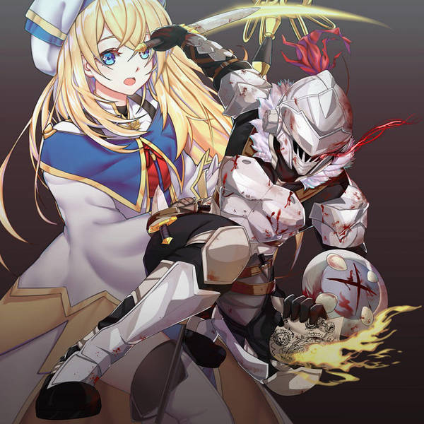 1boy 1girl armor armored_boots blonde_hair blood blue_eyes boots breastplate broken_horn buckler fire full_body goblin_slayer goblin_slayer! helm helmet kaiend long_hair open_mouth priestess_(goblin_slayer!) reverse_grip robe scroll shield short_sword shoulder_armor slashing spaulders staff sword thigh-highs vambraces weapon